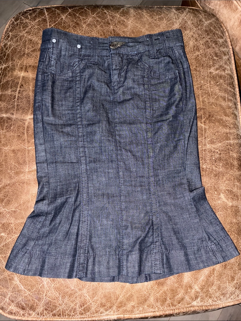 Miss Sixty Dark Denim Pencil Skirt with Flared Hem